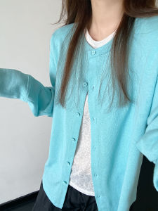 Icy Blue Round Neck Snow Cotton Knitwear Cardigan Women