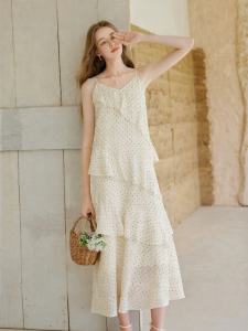 XIANGYING | White French Polka Dot Irregular V-Neck Maxi Dress Summer Style Cake Skirt