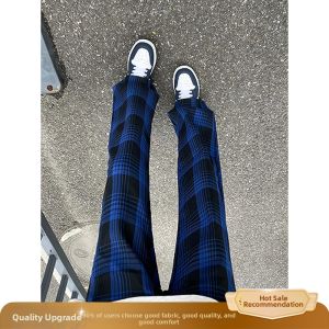 ZHUOCAN | Blue Plaid Ice Silk Thin Summer Straight Mens Trousers