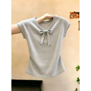 Loowmane | Sleek Gentle Style Bowtie Short Sleeve V-neck Slim Fit Sweater