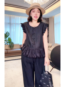 ME Homeyang Fashion Crack Pattern Xiangyun Silk Blouse Stylish Lotus Leaf Edge Slimming Top Versatile Office Wear Summer 2025