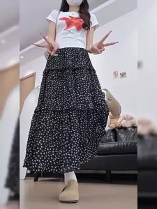 XIANYIJIAO | Chân Váy Dài Mỏng Kiểu A-Line Hoa Đen