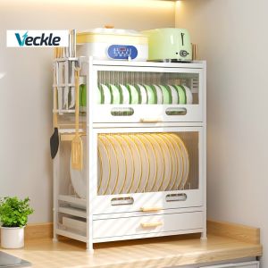 Veckle Dish Cabinet Organizer With Cover Multilayer Storage Rack For Plates Bowls Cups Utensils Pull Out Drying Rack With Drainer Dustproof Kitchen Countertop Organizer Black White