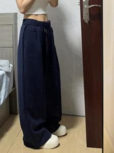 กางเกงกีฬาขายาวเอวสูงผู้หญิงฤดูใบไม้ร่วง/ฤดูหนาว กางเกงขายาวทรงตรงผ้าขนแกะ กางเกงขายาวทรงหลวมสบาย ๆ ผ้าฝ้ายผสมโพลีเอสเตอร์