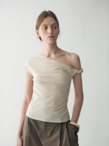 INSIS FEMME | Minimal Style Linen Cotton One Shoulder Knot Flutter Sleeve Fitted T-shirt