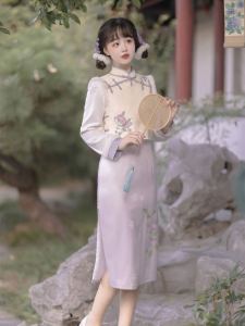 ชุดกี่เพ้าจีน สองชิ้นสำหรับผู้หญิง ชุดกี่เพ้าฤดูใบไม้ร่วง/ฤดูหนาว ชุดกี่เพ้าจีนแบบใหม่ ชุดกี่เพ้าจีนแบบยาวปานกลาง