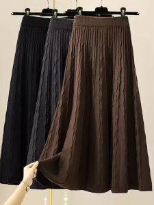 สูง เอว Midi ถัก กระโปรง ผู้หญิง ทรงเอ แม็กซี่เดรส Pure Color พรางหุ่น Effect ฤดูใบไม้ร่วง ฤดูหนาว เส้นด้ายขนสัตว์ฤดูกาลยาว กระโปรง S