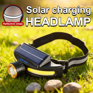 Solar Powerful Headlamp LED Built in Battery Rechargeable Head Flashlight XPE+COB Waterproof Outdoor for Hiking and Fishing