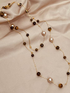 Autumn Winter Pearl Tiger Eye Stone Necklace Womens Long Sweater Chain Luxury Sensation Elegant Style Fashion Jewelry