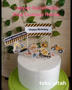 Topper Kue Custom Nama Karakter Mobil Konstruksi & Ekskavator (Hiasan Cake)