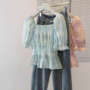 AIYITI | Unique Stylish Check Square Collar Sweet Plus Size Blouse