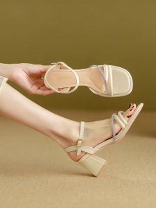 Genuine Leather High Heels Womens Summer New Style Fairy Wind Diamond Buckle Sandals Open Toe Thick Heel Roman Style Shoes