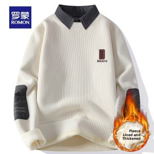 ROMON | Lormen Mens Faux Two-Piece Knitwear Shirt Collar Fleece Lined Thick Warm Inner Wear Casual Long Sleeve Polyester Fiber