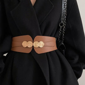 FAITOLAGI Matte PU Tape Belt Gold Round Bluckle Leather Belts Elegant Lady Wide Waistband Simple Female Coat Clothing Elastic Belt