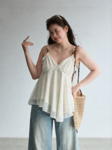Áo Thun V-Neck Viền Hạt Đính Polka Dot Dành Cho Phụ Nữ Béo