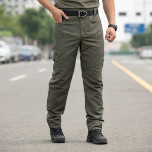 Mens tactical work pants durable workwear multi-pocket design solid color non-stretch fabric beltless design