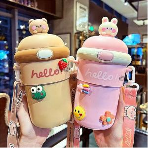 Cute Straw Cup 550ML Kids Water Bottle with 3D Stickers&Strap Rope for Children Straw Water Bottle