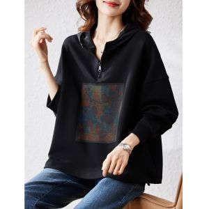 September Stray Ink Qingdao Jimo Angola Red Painted Print Half Zip Loose Hoodie Womens Top Commute Artistic Loose Fit Long Sleeve