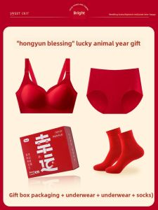 Lucky Red Dragon Year Wedding Underwear Set Womens Autumn Winter Bra And Panties Set Sweet Style Gathered Nylon Fabric No Steel Ring