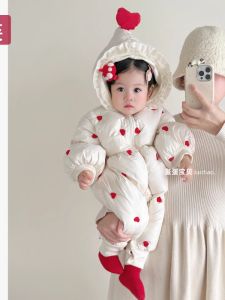 Thickened Cotton Baby Girl Outfit New Year Visit Winter Clothes Princess Style Polyester Fiber Long Sleeve with Hat Baby Romper