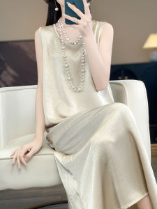 Summer Thin Acetate Satin Mid-Length Dress Women round Neck Sleeveless Embroidered Loose Slimming Fashionable Base Layer