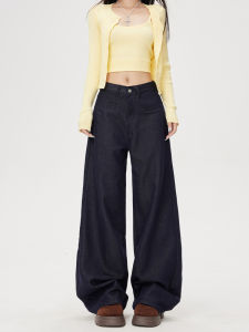 High Waist Wide Leg Denim Jeans Womens Original Color Slimming Deep Blue Loose Straight Cut Autumn New Style Casual Jeans