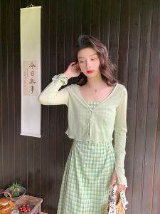 Spring Autumn Green Long Sleeve Thin Knitted Dress Outerwear Small Cover up Womens Fashion V Neck Loose Fit Polyester Blend