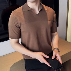 Áo Thun Polo Cổ Chữ V Tay Ngắn Bằng Lụa Băng Dệt Kim Mỏng Mùa Hè 2025 Phong Cách Mới Thiết Kế Cổ Điển Tay Ngắn Màu Trơn