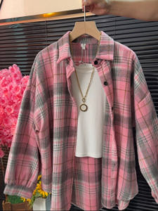 เสื้อเชิ้ตลายสก็อตผู้หญิงทรงหลวมยาวปานกลางสไตล์ฮ่องกงย้อนยุค ทรงหลวม ทรงสลิมฟิต ทรงหลวม ทรงหลวม ทรงหลวม