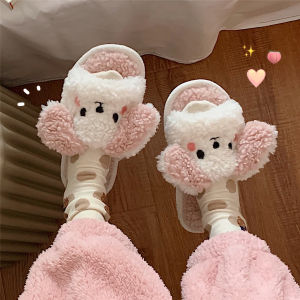 Thin Strip Girls Heart Cotton Slippers Womens Autumn and Winter Korean Ins Cute Cartoon Household Non-Slip Plush Confinement Shoes