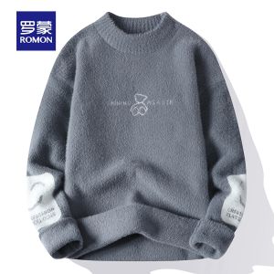 ROMON | Áo len dệt kim dày ấm áp mùa đông thường ngày cổ tròn rộng rãi cho nam Áo len dệt kim lót lông cừu phong cách trẻ trung thoải mái