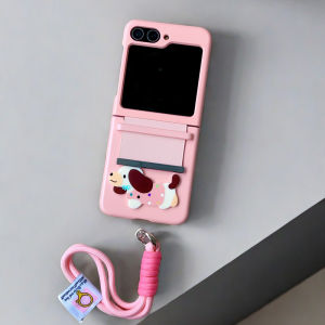 New Cute Pink Cartoon Girl Compatible Zflip6 Phone Case Full Cover Hinge Mid-Turn Axis Anti-Fall Fashion Small Flip Cover Zflip5 Lanyard Chain
