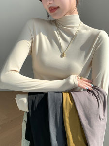 High Collar Long Sleeve Fleece Lined Base Layer Shirt Womens Slim Fit Inner Wear Korean Style Commute Pure Color Knitted Top