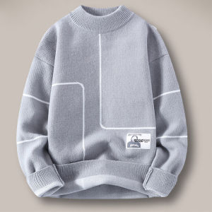 Mens Fleece Lined Thickened Half High Collar Knitted Sweater Autumn Winter Youth Student Base Layer Trendy Line Clothing