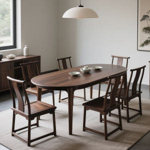 New Chinese Style Solid Black Walnut Wood round Dining Table And Chair Set Simple Zen Home Restaurant Eating Table Combination