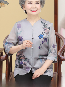 Womens Silk Shirt for the Elderly Summer Fashionable Moms Summer Women Grandmas Clothes Plus Size Mulberry Silk Top