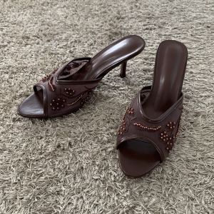 Mesh Embroidered Summer Women Sandals Brand High Heels Slippers Fashion String Beads Peep Toe Mules Wedding Dress Shoes