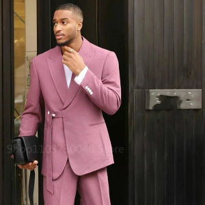 Solid Men Suits Peak Lapel Single Breasted Blazer Pants Set +Wedding Business Mens 2 Piece Suit Jacket Pants Costume Homme