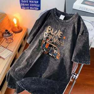 Loose Mens Short Sleeve T-Shirt Couple Base Shirt Washed out American Style Summer Breathable Cotton round Neck Print T-Shirt