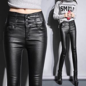 High Waist Fleece Lined Leather Pants Womens Bootcut Trousers Autumn Winter Slim Fit Coated Matte Small Footed Base Layer