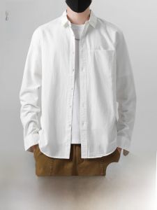 ROMON | Romon White Cotton Long Sleeve Casual Shirt Mens Spring Trend Loose Fit Pure Cotton Button Up Top Youthful Style Non-ironed