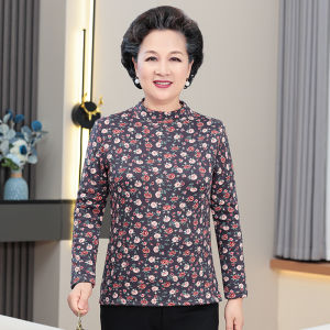 Áo Thun Dài Tay Có Lót Nửa Cao Cổ Áo Áo Lót Dành Cho Phụ Nữ Trung Niên Và Người Già Thoải Mái Rộng Rãi Fit Họa Tiết In
