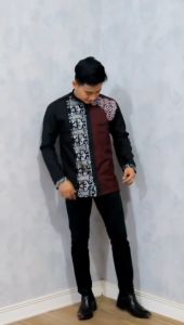 Baju Koko Bordil Kombinasi Batik Prada Emas Motif Trisula - Batik Sulaiman