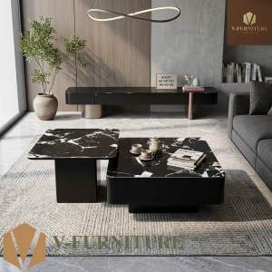 (Hàng nhập khẩu) Bàn trà đôi Sofa phòng khách STRATA mặt kính cẩm thạch cốt gỗ MDF sang trọng BN-27