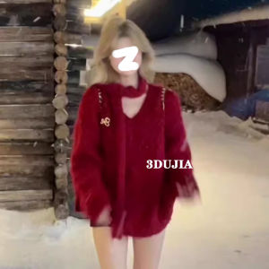 เสื้อสเวตเตอร์คอวีสีแดงคริสต์มาสสำหรับผู้หญิง ฤดูใบไม้ร่วง/ฤดูหนาว เสื้อสเวตเตอร์ถักนิตติ้งเนื้อนุ่ม สไตล์ลำลอง แขนยาว ปกติ