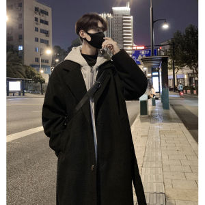 Korean Style Mens Mid-Length Thickened Woolen Coat Over-Knee Hooded Windbreaker Outerwear Winter Warm Polyester Fiber