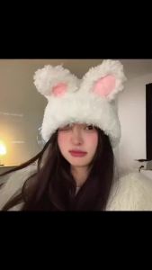 Autumn and winter new ear protection hat knitted rabbit ear hat cute and sweet plush hat outdoor warm and cold proof