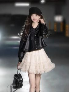 XUECAIQI | Spring Cool Stylish Black Leather Jacket and Lace Skirt Set Women