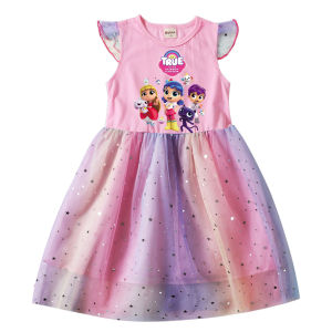 True and The Rainbow Kingdom Girls Flutter Sleeve Mesh Dress Cartoon Star Gauze Dress Summer Girl Cute Print Mesh Dress 8655