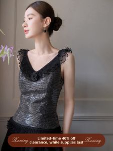 XXNING | Áo Nữ Ép Dáng Thanh Lịch Pháp Có Ren Lấp Lánh